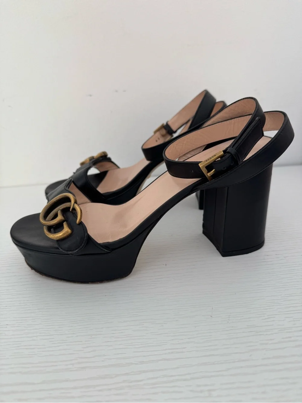 Gucci GG Marmont Lifford Black Platform Block Sandals Leather EU 36 US 6 Heels